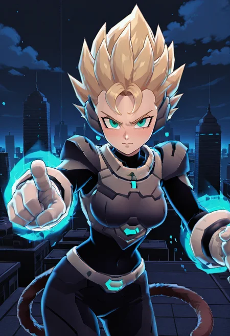 masterpiece, best quality,    (zzCodeV, 1girl, big breasts, wide hips, bodysuit, neon trim, armor, black bodysuit, dynamic pose:1), night, stars, cyberpunk, city,    looking at viewer, leaning forward, incoming attack,   <lora:CodeVSnG_IXL:1.0>,   dbzhyp3AAG, solo, blonde hair, gloves, closed mouth, green eyes, standing, tail, outdoors, sky, day, cloud, white gloves, armor, bodysuit, spiked hair, aura, super saiyan, monkey tail, saiyan armor, , , <lora:DragonballHype_IXL:0.5>,  <lora:IckpotIXL_v1:0.5>,