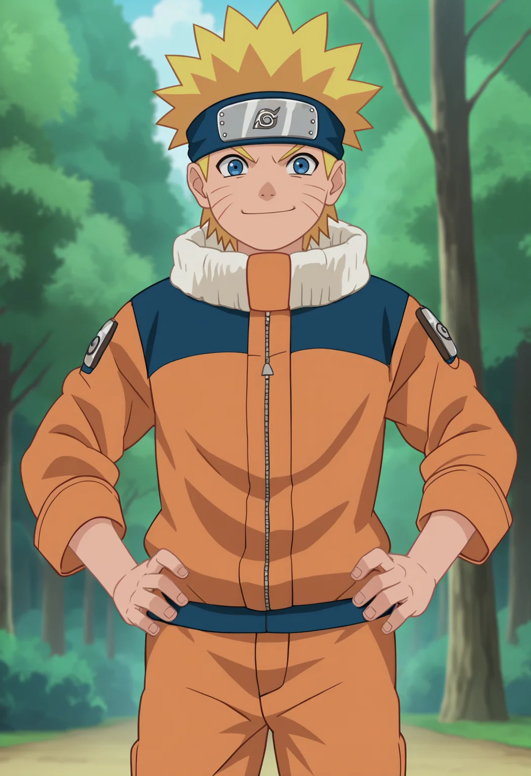 score_9, score_8_up,source_anime,
1boy, uzumaki naruto, blonde hair, spiked hair, blue eyes, whisker markings, facial mark, forehead protector, orange jumpsuit,
solo, looking at viewer, hands on hips, standing, smile, cowboy shot, outdoors, forest, anime screencap, anime coloring <lora:NarutoGeninXL:1>