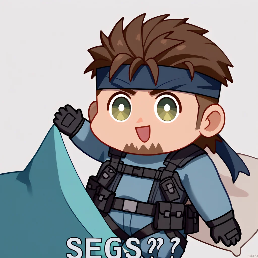 score_9, score_8_up, score_7_up, source_anime, Seggs, chibi, open mouth, smile, english text, <lora:Seggs_XLPD:1.1>, <lora:solidsnake-pdxl-nvwls-v1:0.8> solidsnake, brown hair, beard, facial hair, headband, blue bodysuit, gloves, harness, belt pouch, mature male