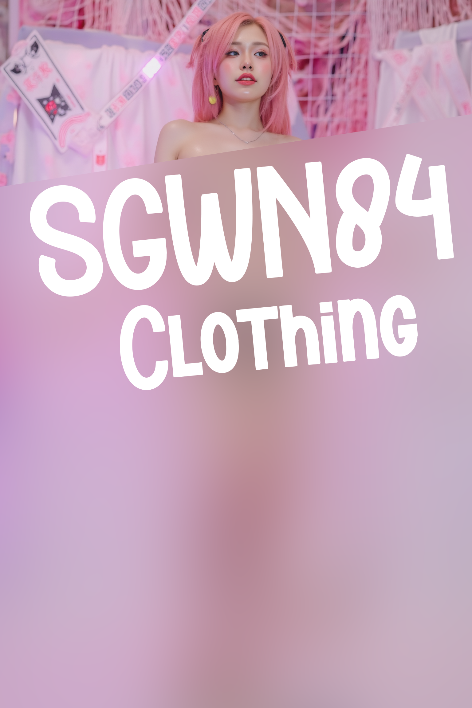 A professional, high-resolution image of a young woman is posed standing in a natural S-curve in the body silhouette. This classic posing technique creates visual interest and a sense of elegance.

She is wearing a SGWN84Clothing with pink hair. Her makeup is dramatic, with dark eyeliner and bold, glossy pink lips. 

The lighting features a high-contrast, monochromatic white color scheme that creates a moody, intimate atmosphere. 

The photography technique uses what appears to be soft lighting to create a glamorous effect, with careful attention to highlighting contours while maintaining the dominant light brown color scheme throughout the frame.

The overall aesthetic combines elements of fashion photography, traditional Asian visual motifs, and contemporary boudoir styling. The dramatic light brown lighting creates a cohesive visual theme that ties all elements of the composition together.

The white light emit on her to show her feature.