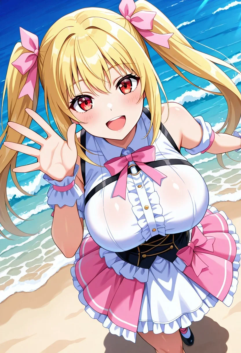 general,highres, ultra-detailed,very aesthetic,best quality ,best hands,best eyes,easynegative,
dynamic anglre, dutch angle, anime cloring,
1girl solo,looking at viewer,outdoors,walking, waving hand, smile,open mouth, sea,beach, 
Espresso SABATINI,blonde_hair, twintails, red eyes, huge_breasts, hair ribbon, pink ribbon,idol costume,