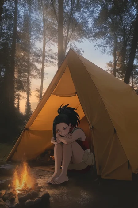 1girl, momo yaoyorozu, boku no hero academia, campfire, tent, forest, photo background, realistic background, dim lighting, masterpiece, best quality, good quality, newest, very aesthetic, absurdres