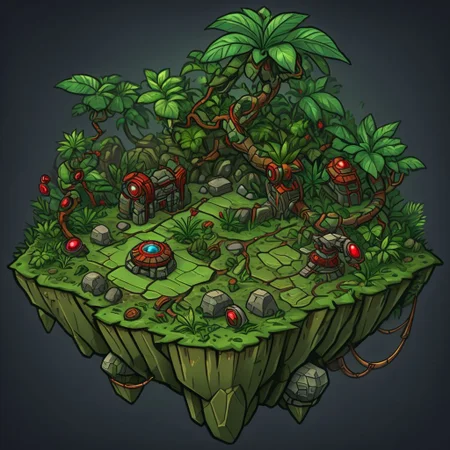 1 island, green to lime color,  jungle, many leafs,  lakes, swamp, (rocky stone ruins:0.8), overgrown wide, plain darkgray to gray background, mecha rusty parts, (((thick outlines:2.2))), (magic gemstone glowing red:1.2)