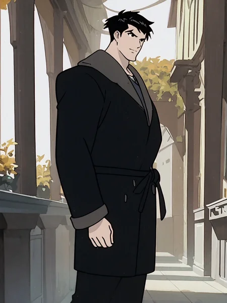 source_anime, score_9, score_8_up, score_7_up, anime screencap, 8k, absurd res, <lora:BigO_PDXLv1 Roger-000035:0.8> solo, 1boy, roger_(the_big_o), black hair, black eyes, pants, coat, black coat