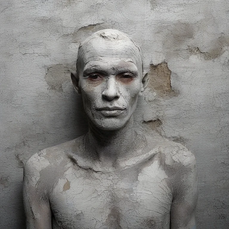 <lora:SDXL_plaster_Test_Sa_May:1.0>  gray old plaster of part at the old man's body