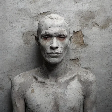 <lora:SDXL_plaster_Test_Sa_May:1.0> gray old plaster of part at the old man's body
