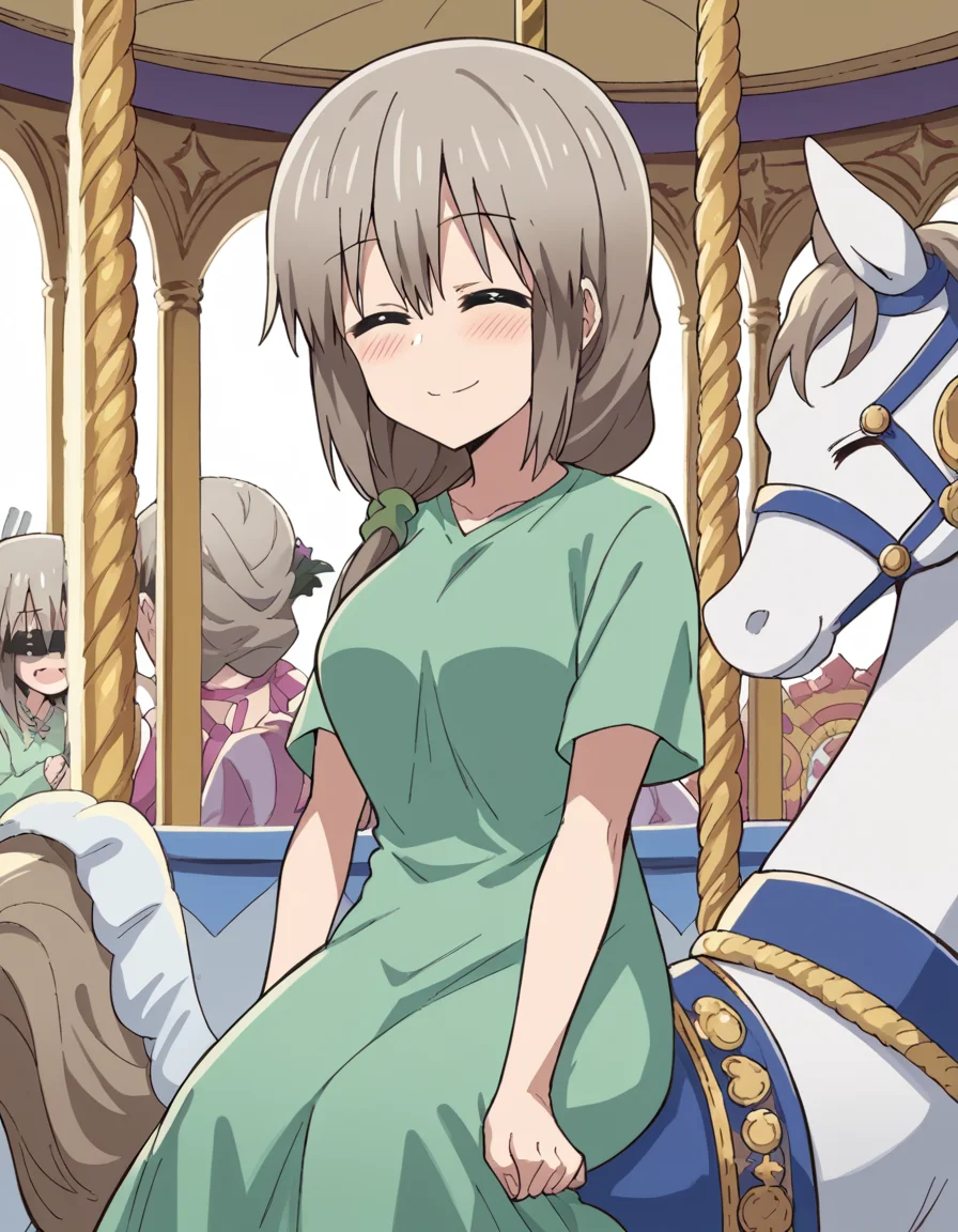 score_9, score_8_up, score_7_up, source_anime, <lora:tsuki-uzaki-s2-ponyxl-lora-nochekaiser:1>, tsuki uzaki, long hair, closed eyes, grey hair, large breasts, hair over shoulder, scrunchie, hair scrunchie, <lora:carousel-ponyxl-lora-nochekaiser:1>, carousel, sitting, riding,, blush, smile, casual dress, solo,,