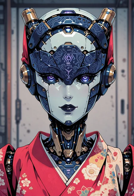 masterpiece, best quality, good quality, very aesthetic, absurdres, newest, 8K, depth of field, focused subject, dynamic angle, (geisha::0.9) (android robot face::2.2),white ceramic material,many mechanical details,seams, scuffing, rust,(lenses instead of pupils:1.5) (traditional intricate japan clothes:1.5),
in the style of cknc, in the style of ck-rw