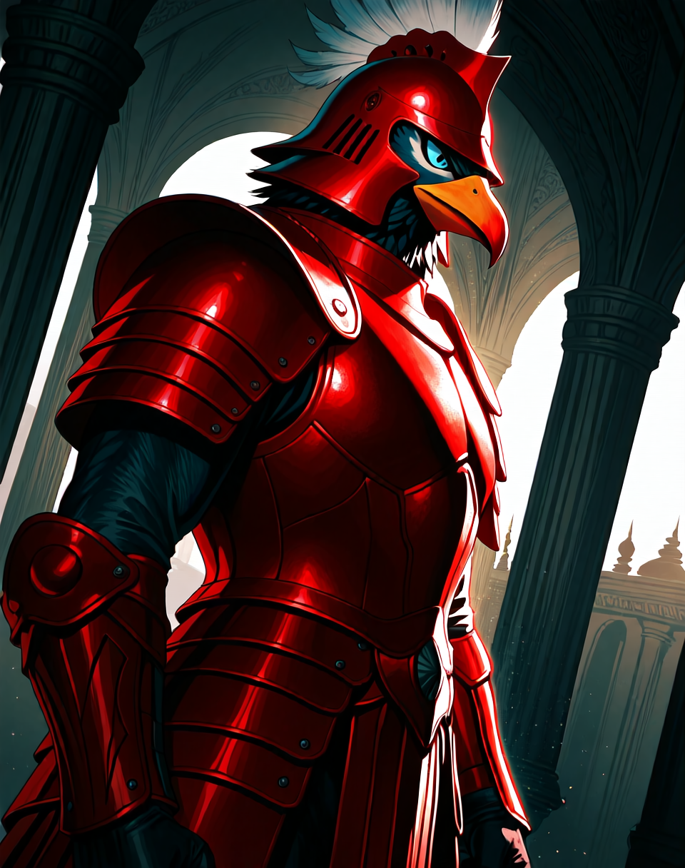 <lora:Fokka_(Zelda_2)_(Illustrious)_(AD):1> Fokka, birdmen, armor, 
dutch angle, side view, dynamic action, cowboy shot, 
male focus, intense shadows, dynamic shadows and lighting, intricate details, attention to details, gradient coloring, interior, palace, beak, helmet, red armor, villain, intimidating pose, 
EZRealPONYXL, zPDXL, Smooth Quality, lazynsfw,