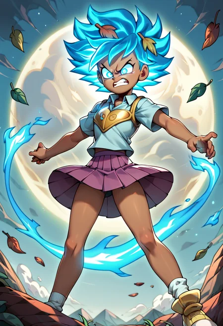 score_9,score_8_up,score_7_up,score_6_up,score_5_up,score_4_up,<lora:Anne_Boonchuy_from_Amphibia:0.8>,(1 girl),anneboonchuy,solo,dark-skinned female,fiery hair,blue hair,blue glowing eyes,white socks,collared shirt,sneakers,purple skirt,pleated skirt,angry,clenched teeth,floating,wind,clothes lift,blue aura,super saiyan,leaf hair ornament,armor,sword,<lora:2.5DCartoonV2:0.8>,