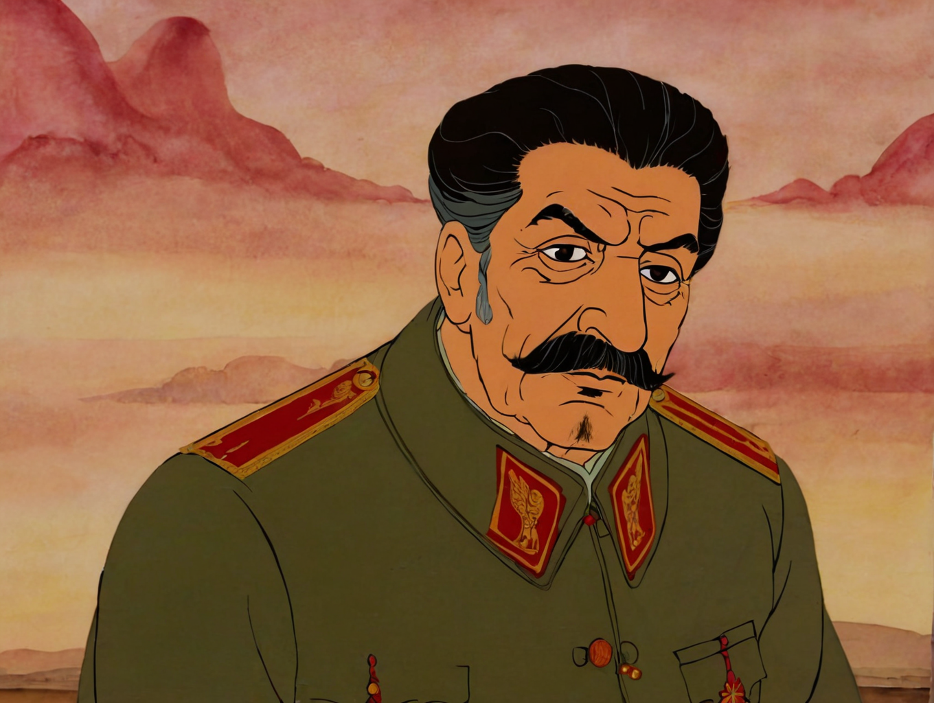 cartoon of  Joseph Stalin, tranquil scene, detailed background, directed by Ridley Scott(  in rankinbasshobbit style:1.1)
<lora:add-detail-xl:0.65>    <lora:rankinbasshobbit_styleXL_v.10.2-000002:1.0>