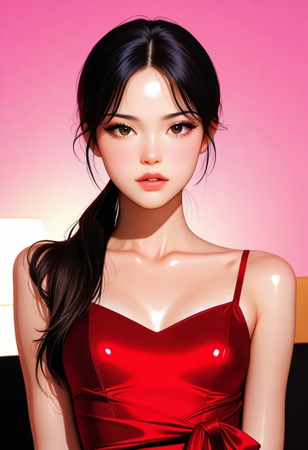 (best quality), (artwork), (masterpiece), (extremely detailed 8k CG unity wallpaper), (cinematic lighting), (indirect linear lighting), a pretty girl 
(Kim Jennie) from BlackPink, (Asian), (skinny, beautiful body), (long black hair, pretty eyes, full lips, weak foundation cheeks, wearing a pretty slinky red dress in your sculptural and beautiful body, slim and model
korean girl, beautifull face, Jennie, asian 
Young woman with a delicate face, fair and smooth skin, large almond-shaped dark brown eyes with long defined eyelashes, thin and arched eyebrows, small straight nose, full lips with a natural pink tone. Long, straight jet-black hair with a perfectly defined middle part, loose strands falling on the sides of the face, shiny and healthy hair, partially tied back in a low ponytail. 
Neutral background, soft lighting that highlights facial features