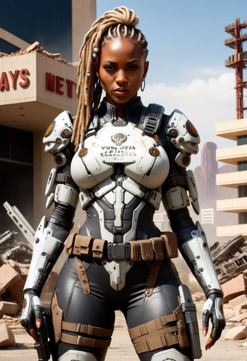 Masterpiece, Sexy Ethiopian woman , african girl, darkskin, hazel eyes, big eyes, (((long blonde dreadlocks)), ((braided hair on sides)) , tattoo on arm, (((wide hips)))), ((semi muscular body)), (post apocalyptic woman), wearing a sleek white cybernetic jumpsuit with black highlights, commanding and threatening expression, cutting-edge tactical gadgets, razor-sharp wit, illegal tech and weapon, (destroyed city after nuclear blast), standing in front of a warzone Las Vegas Hotel, (post apocalyptic), RAW photo, photorealistic, analog style, subsurface scattering, photorealism, absurd res), ((closeup)),, athletic body, toned abs,,OverallDetail, KodakPhotoMaybe, big tits, ohwx woman, cowboy shot ,falloutlandsdxl, falloutgun, mad-bdyarmr, dirty and worn armor,slcn breasts, , falloutlandsdxl, Asian-Less2-Neg, holding gun, rifle, futuristic motorbike in the background