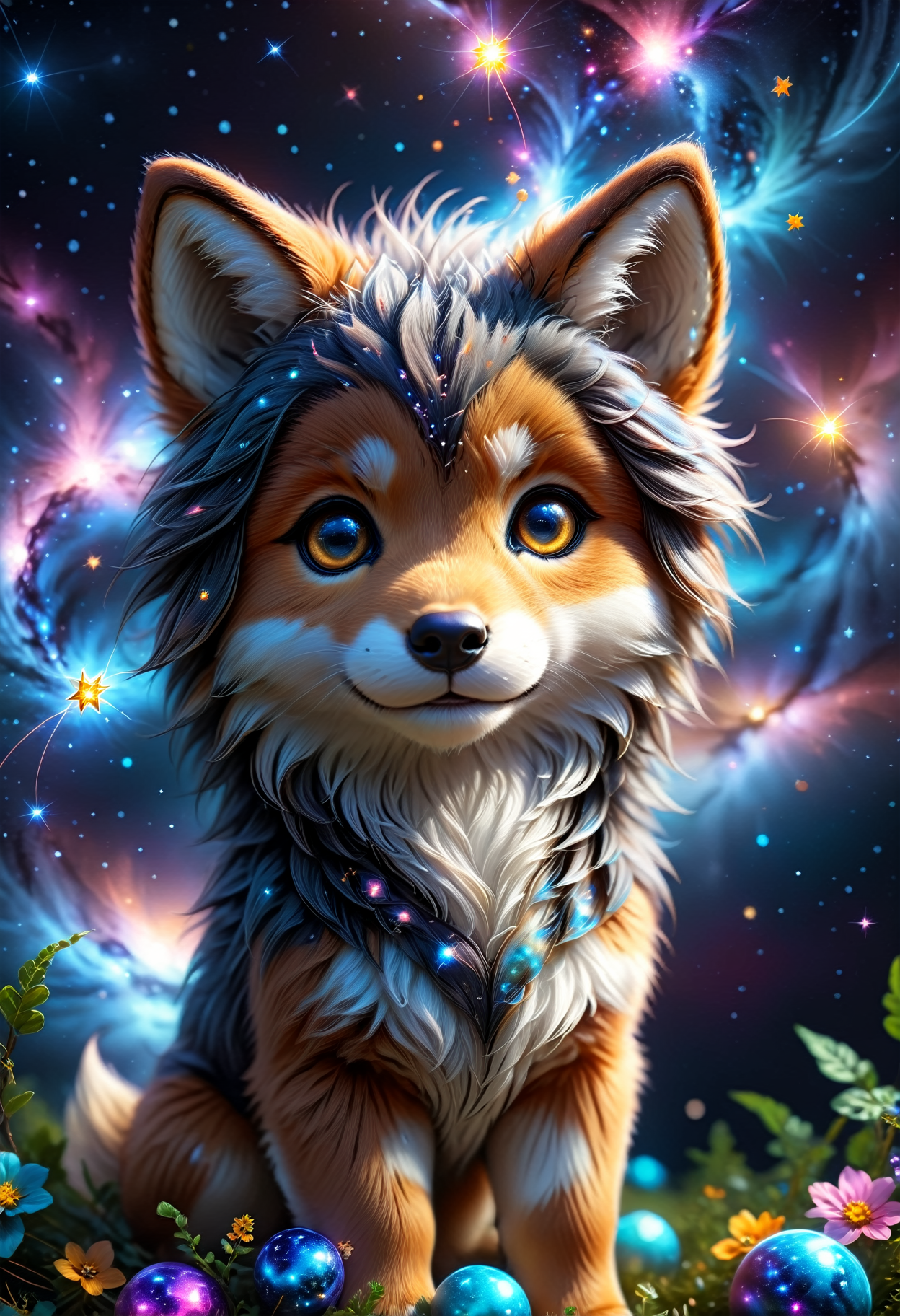 (((videogame_style))), (sharp focus:1.2), lineart, flat color, monochrome, greyscale, depth of field, bokeh, 8k, OLED, 1 baby wulf, being playful, wearing ribbon choker in different colours, different fur, super cute,, The wulf raises its paws towards the viewer, in the galaxy, space wulf flying in the stars,lluminated by the ethereal glow of cosmic lightning, the light is reflecting shadows on the cute animal, for the viewer, it appears alive, as if a glimpse of its inner sparkle is possible, star sky, peacful and grateful atmosphere, painted hearts, magical atmosphere, close up, (((cuteness overload))), <lora:detailed_notrigger:0.9>, zhibi <lora:zhibi:0.8>, <lora:tweak-detail-xl:0.7> <lora:Jed-Cosmos-sdxl:0.7> Jed-Cosmos