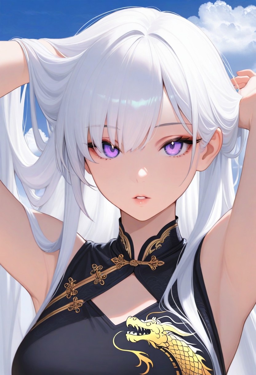 1girl,, sky, white hair, long hair, masterpiece, purple eyes, noble, parted lips, looking at viewer, black dress, dragon print, outdoors, arms behind head, adjusting hair, cloud, volumetric lighting, blue sky, portrait, upper body,
