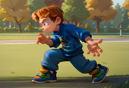 score_9, score_8_up, score_7_up, CuteCartoonStyle, 1boy, solo, male focus, Aaron Ginger,  playful, relaxed, Hands out, five fingers, casual stance, shrugging gesture, playful attitude,  Side view, walking stance, park, full body shot, 