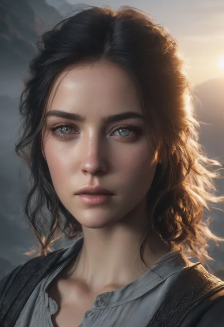 Minimalism, A character with an overhead view angle, lens flares, more dramatic lighting, deeper, a colder color grading, sweat, her expression is of fierce determination, 8k resolution, ultra HDR, and ghostly beauty. hourglass body with The image should reflect intricate details, raw photo quality, and a windy atmosphere. She is holding a sword in her hand. Make her wear shorts clothes. Add more realistic skin. Clear background. Make her more realistic. Remove motion blur. Make image quality same midjourney. Make image same concept game. Make her details and sharpness. Make her skin natural. Concept art portrait by Gottfried Helnwein. Add more graphics quality of Unreal Engine 5.