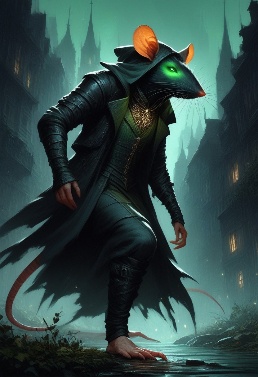 BREAK score_9, score_8_up, score_7_up,  victorian city, night, ominous, solo,  rat man, black longcoat, wearing goggles, green glow eyes, hood, dynamic pose, leaning forward, fully body shot , leather armour, sneaking, full body shot
(masterpiece, best quality, ultra detailed, intricate details:1.2), (detailed face:1.1), (rat folk:1.5) <lora:RPGRatFolkXL:1>