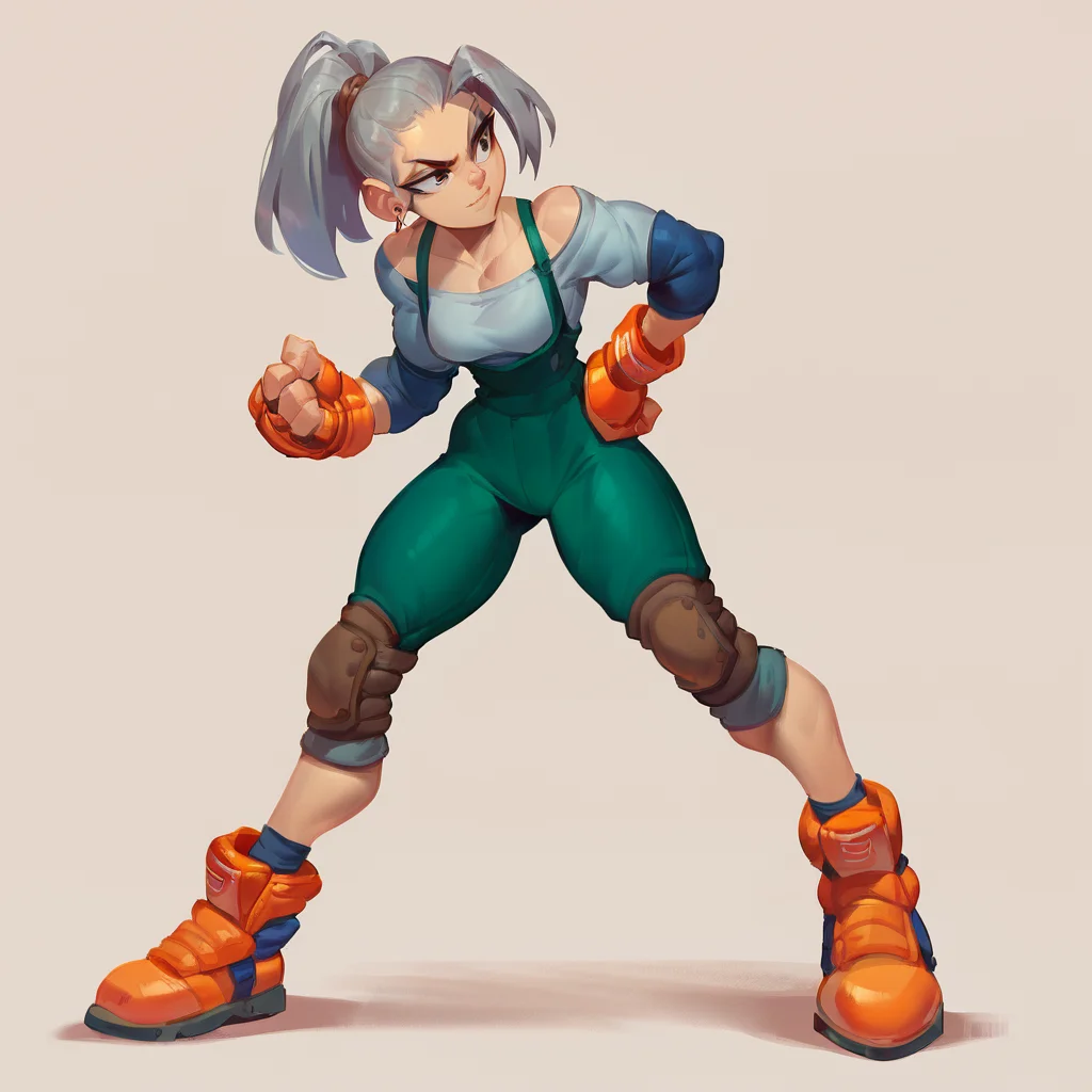 score_9, score_8_up, score_7_up, score_6_up, <lora:Epon_Tobal_-_PonyXL:0.75> solo, 1girl, epon, gloves, knee pads, fingerless gloves, earrings, full body, orange footwear, ponytail, simple background, hand on hip, grey hair, orange gloves, collarbone, dark green overalls, default outfit, grey shirt, elbow pads, blue elbow pads, dynamic pose, fighting stance, confident, smirk, face focus <lora:boni:1> <lora:princess_xl_v1:1>