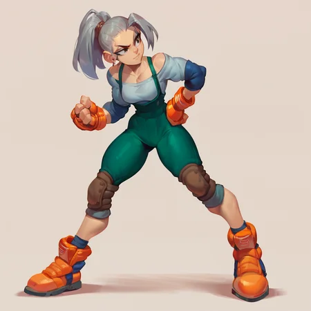 score_9, score_8_up, score_7_up, score_6_up, <lora:Epon_Tobal_-_PonyXL:0.75> solo, 1girl, epon, gloves, knee pads, fingerless gloves, earrings, full body, orange footwear, ponytail, simple background, hand on hip, grey hair, orange gloves, collarbone, dark green overalls, default outfit, grey shirt, elbow pads, blue elbow pads, dynamic pose, fighting stance, confident, smirk, face focus <lora:boni:1> <lora:princess_xl_v1:1>