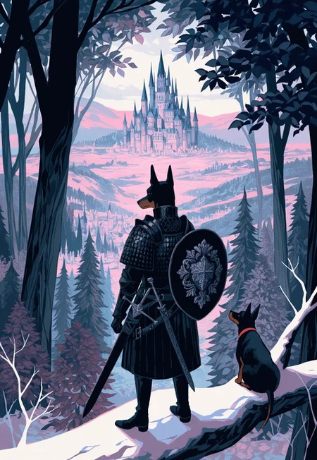 (solo), from behind, [anthro],
dog, doberman, (leather armor), standing, on tree branch, forest, medieval cityscape, castle, sword, shield,
yadu_nadu, patterned, ushiyama_ame, high contrast, limited palette, no lineart, no outline,
masterpiece, absurdres, newest, [dynamic pose]