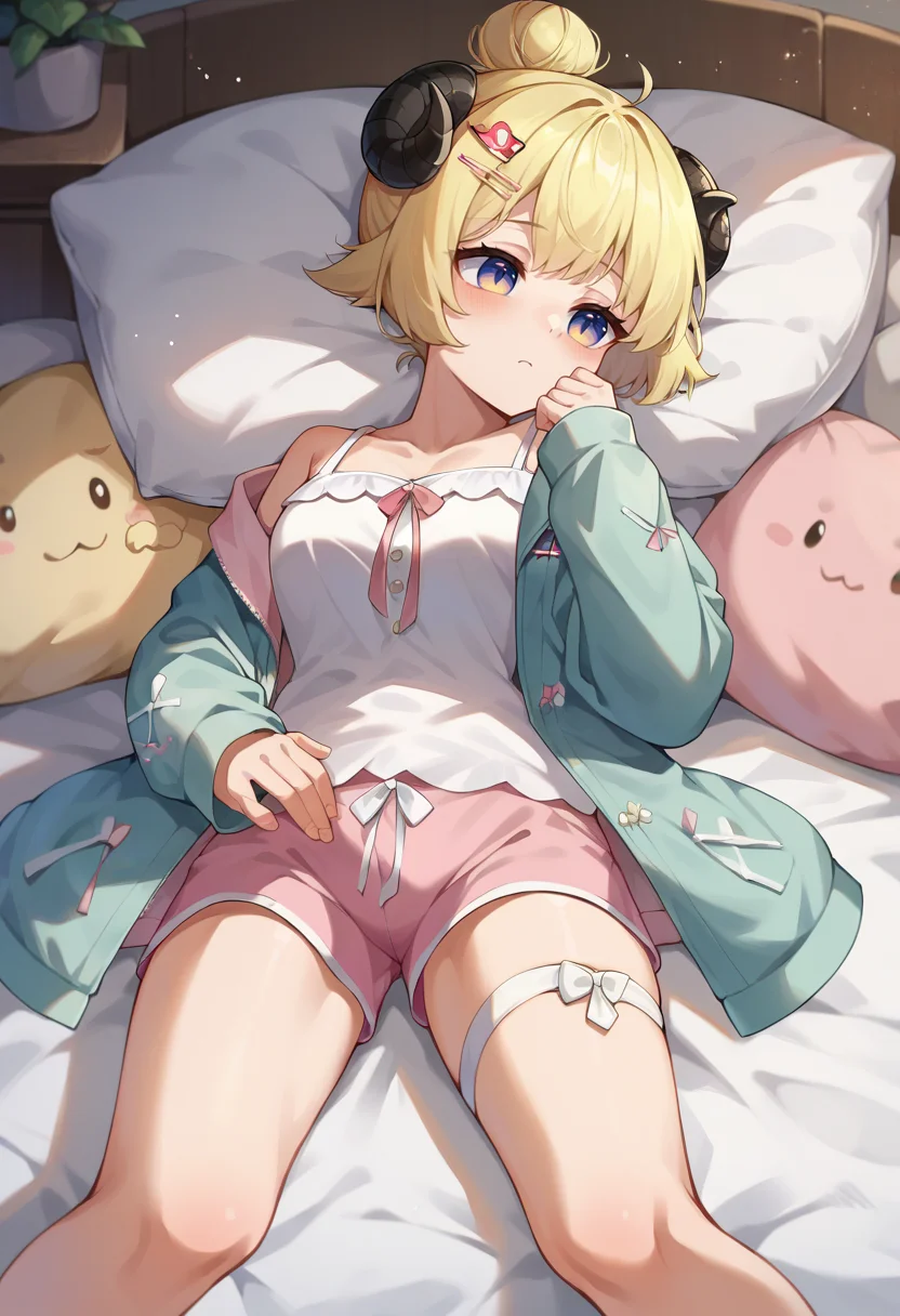 score_9, score_8_up, score_7_up, WatameSleep, hair bun, hairclip, blue jacket, camisole, pink shorts, thigh strap, seiza, on bed, indoors, pillows, sleepy, <lora:CHAR-TsunomakiWatamePonyXL:1>
