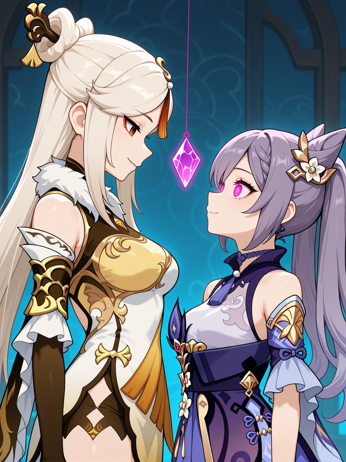 masterpiece, best quality, amazing quality, very aesthetic, absurdres,  newest, , 2girls, standing, ningguang \(genshin impact\), keqing \(genshin impact\),  upper body, smile, small breasts, holding, mind control, gem, eye contact, 
 <lora:Crystal_on_string_v2_il:0.6> crystal on string