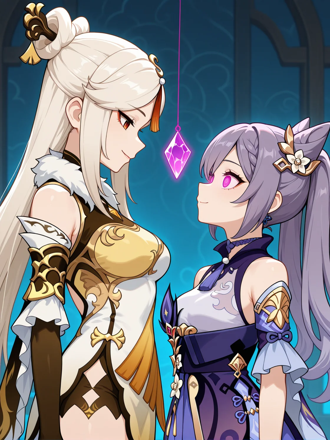 masterpiece, best quality, amazing quality, very aesthetic, absurdres, newest, , 2girls, standing, ningguang \(genshin impact\), keqing \(genshin impact\), upper body, smile, small breasts, holding, mind control, gem, eye contact,
<lora:Crystal_on_string_v2_il:0.6> crystal on string