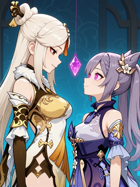 masterpiece, best quality, amazing quality, very aesthetic, absurdres, newest, , 2girls, standing, ningguang \(genshin impact\), keqing \(genshin impact\), upper body, smile, small breasts, holding, mind control, gem, eye contact,
<lora:Crystal_on_string_v2_il:0.6> crystal on string