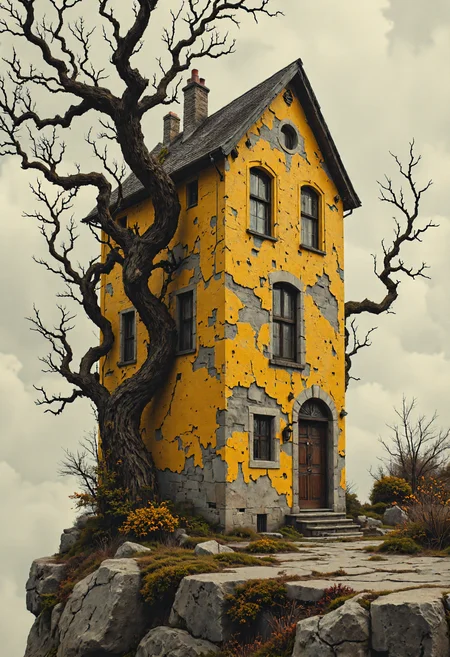 A tall, narrow house with a vibrant mustard-yellow facade, standing solitary on a rocky ledge. The buildingâs walls are aged, with visible cracks and patches of weathered paint, adding a rustic charm. Black-framed windows and a dark wooden door are set against the bold yellow, creating a stark, almost surreal contrast. Leafless, spindly trees surround the house, their branches stretching upward, almost touching the structure. The sky is a flat, desaturated beige, giving the scene an eerie, isolated mood, as if the house has been untouched for decades. Fine art photography style, with high detail on the textures of the stone, cracked paint, and bare branches. <lora:flux-photo_v6:1>