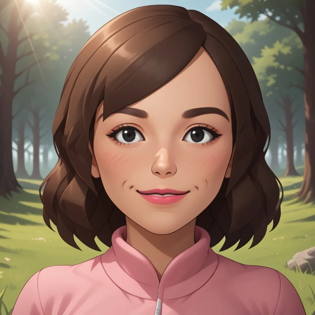 score_9, score_8, BREAK, solo, mii, wii u, female mii, 1girl, wii sports club, mature woman, brown hair, blush, black eyes, pink lips, lipstick, pink clothing, black pants, shoes, Masako_(\Wii_Sports_Club\), cute, medium breasts, Nintendo Mii, modern_mii, classic_mii, facial feature, sexy pose, smile, outdoors, sunlight, shadows, evening lighting, natural lighting, forest, trees, grass, orange sky, sunset