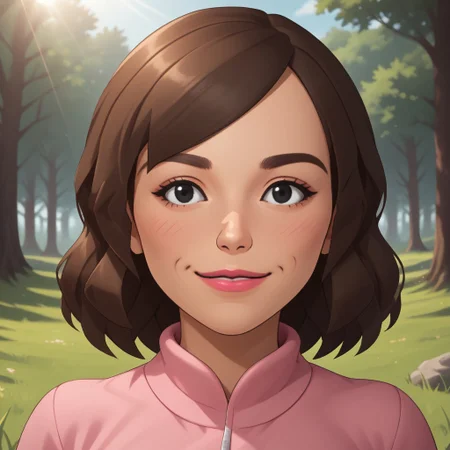 score_9, score_8, BREAK, solo, mii, wii u, female mii, 1girl, wii sports club, mature woman, brown hair, blush, black eyes, pink lips, lipstick, pink clothing, black pants, shoes, Masako_(\Wii_Sports_Club\), cute, medium breasts, Nintendo Mii, modern_mii, classic_mii, facial feature, sexy pose, smile, outdoors, sunlight, shadows, evening lighting, natural lighting, forest, trees, grass, orange sky, sunset