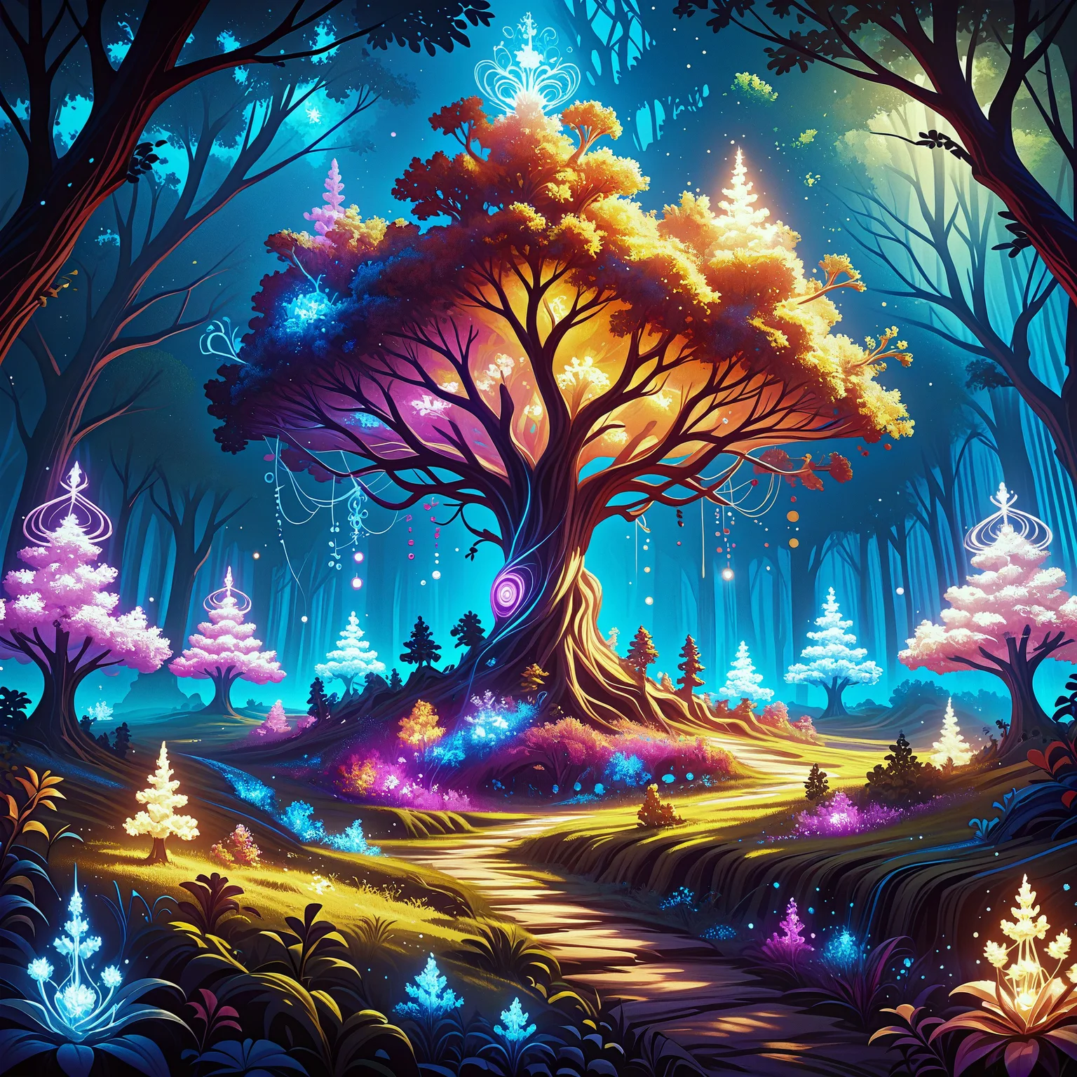 Score_9, score_8_up, score_7_up, score_6_up, score_5_up, score_4_up, magical forest, fantasy landscape, glowing trees, luminescent plants, swirling lights, vibrant colors, ethereal atmosphere, otherworldly glow, neon flora, colorful foliage, sparkling ambiance, bioluminescent vegetation, enchanted forest, vivid lighting, bright illumination, multicolored lights, dynamic light effects, mystical woods, surreal scenery, fantasy forest, magical grove, enchanted nature, digital painting, fantasy art, high detail, vibrant palette, blue, purple, pink, orange, yellow, green, neon, glowing, wonder, awe, enchantment, magic swirling, glowing magical energy. <lora:Selftrained\Lumina_Mystica:0.4>