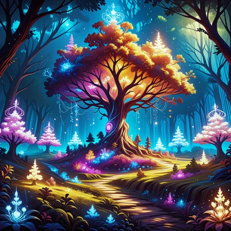 Score_9, score_8_up, score_7_up, score_6_up, score_5_up, score_4_up, magical forest, fantasy landscape, glowing trees, luminescent plants, swirling lights, vibrant colors, ethereal atmosphere, otherworldly glow, neon flora, colorful foliage, sparkling ambiance, bioluminescent vegetation, enchanted forest, vivid lighting, bright illumination, multicolored lights, dynamic light effects, mystical woods, surreal scenery, fantasy forest, magical grove, enchanted nature, digital painting, fantasy art, high detail, vibrant palette, blue, purple, pink, orange, yellow, green, neon, glowing, wonder, awe, enchantment, magic swirling, glowing magical energy. <lora:Selftrained\Lumina_Mystica:0.4>