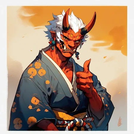 score_7_up, score_8_up, digital painting, solo male, oni, monster, red skin, white hair, short hair, tusks, horns, japanese clothing, upper body, thumbs up, simple background,