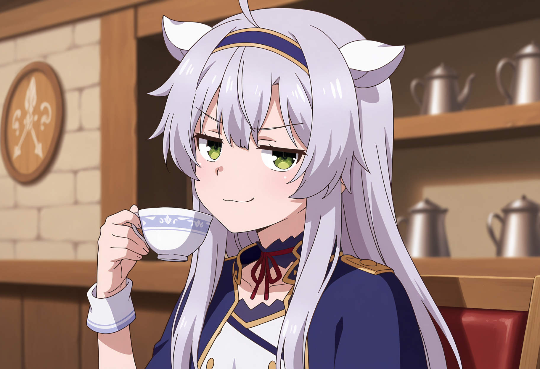 anime screencap, masterpiece, best quality,
<lora:RokuAka_SistineFibel_IlluXL:0.9>,
1girl, solo, closed mouth, smug, jitome,
long hair, ahoge, grey hair, green eyes, fake animal ears, blue hairband,
asymmetrical clothes, blue capelet, blue choker, red ribbon, white shirt, crop top, buttons, short sleeves, single wrist cuff, single glove,
holding cup, teacup,
sitting, looking at viewer, looking to the side, close-up, three quarter view,
indoors, cafe, medieval, fantasy, blurry background