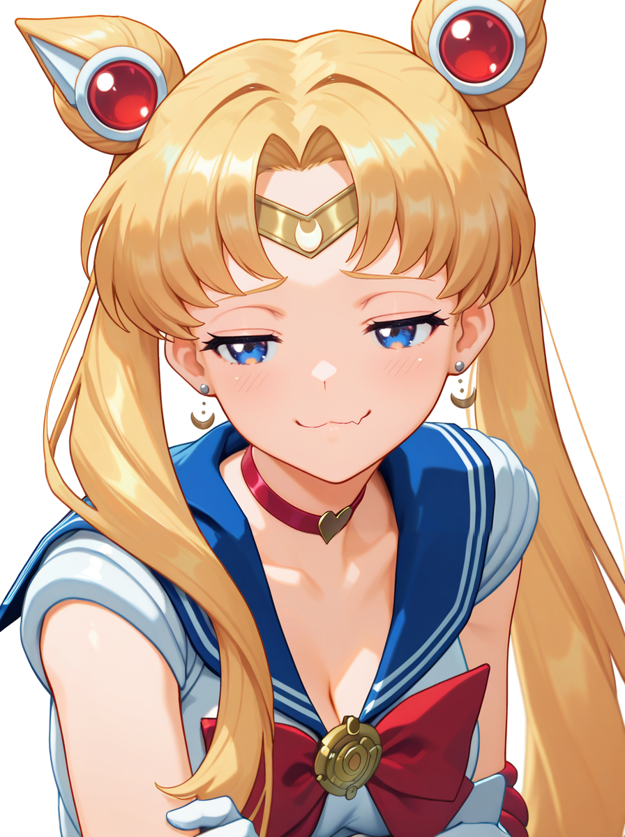 masterpiece, best quality, amazing quality, very aesthetic, absurdres, newest,   <lora:Xeno2StyleV2:1>xeno2style  sailor moon,   smug, half-closed eyes,  upper body,  smile wavy mouth, :3 simple background,  white background, solo