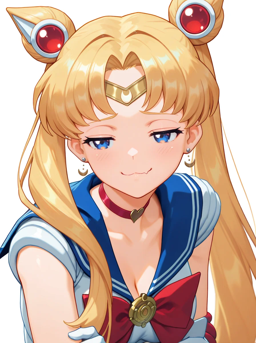 masterpiece, best quality, amazing quality, very aesthetic, absurdres, newest,   <lora:Xeno2StyleV2:1>xeno2style  sailor moon,   smug, half-closed eyes,  upper body,  smile wavy mouth, :3 simple background,  white background, solo
