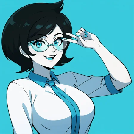 1girl, jane crocker, solo, breasts, glasses, white skin, smile, buck teeth, white shirt, aqua blue symbol on shirt, long skirt, black hair, short hair, cute, upper body,
BREAK,
source_cartoon,