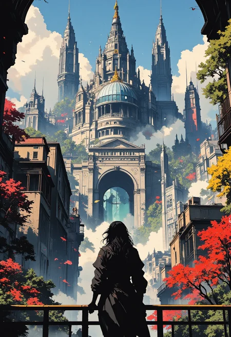 Image is an extreme wide angle shot digital fantasy artwork featuring an over the shoulder view of a beautiful woman looking out at an epic fantasy city. Its the capital city to a magical empire. The city is a large port city with ships coming and going. Magic and technology merge to form this utopia. There are large ivory towers for the magical academy, military barracks for the army and a port for the fantasy ships. Several buildings are glass skyscrapers. The trees in the city are all manner of colors.