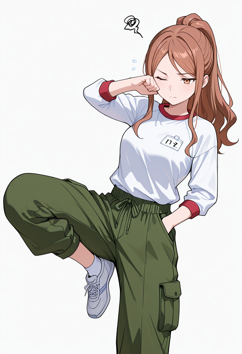masterpiece,high quality details, absurdres,
 <lora:Aona:0.8> aona_cnr, 1girl, brown hair, long hair, ponytail, brown eyes,, simple background, white background, front view,solo,, frustrated,one eye closed,, one hand in pocket,one leg bent,standing with weight on one leg,, gym shirt,shrug clothing,cargo pants, ,ankle socks,