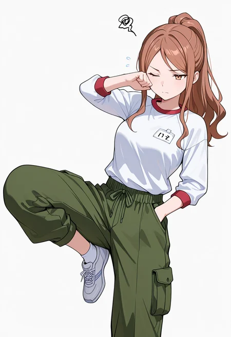 masterpiece,high quality details, absurdres,
<lora:Aona:0.8> aona_cnr, 1girl, brown hair, long hair, ponytail, brown eyes,, simple background, white background, front view,solo,, frustrated,one eye closed,, one hand in pocket,one leg bent,standing with weight on one leg,, gym shirt,shrug clothing,cargo pants, ,ankle socks,