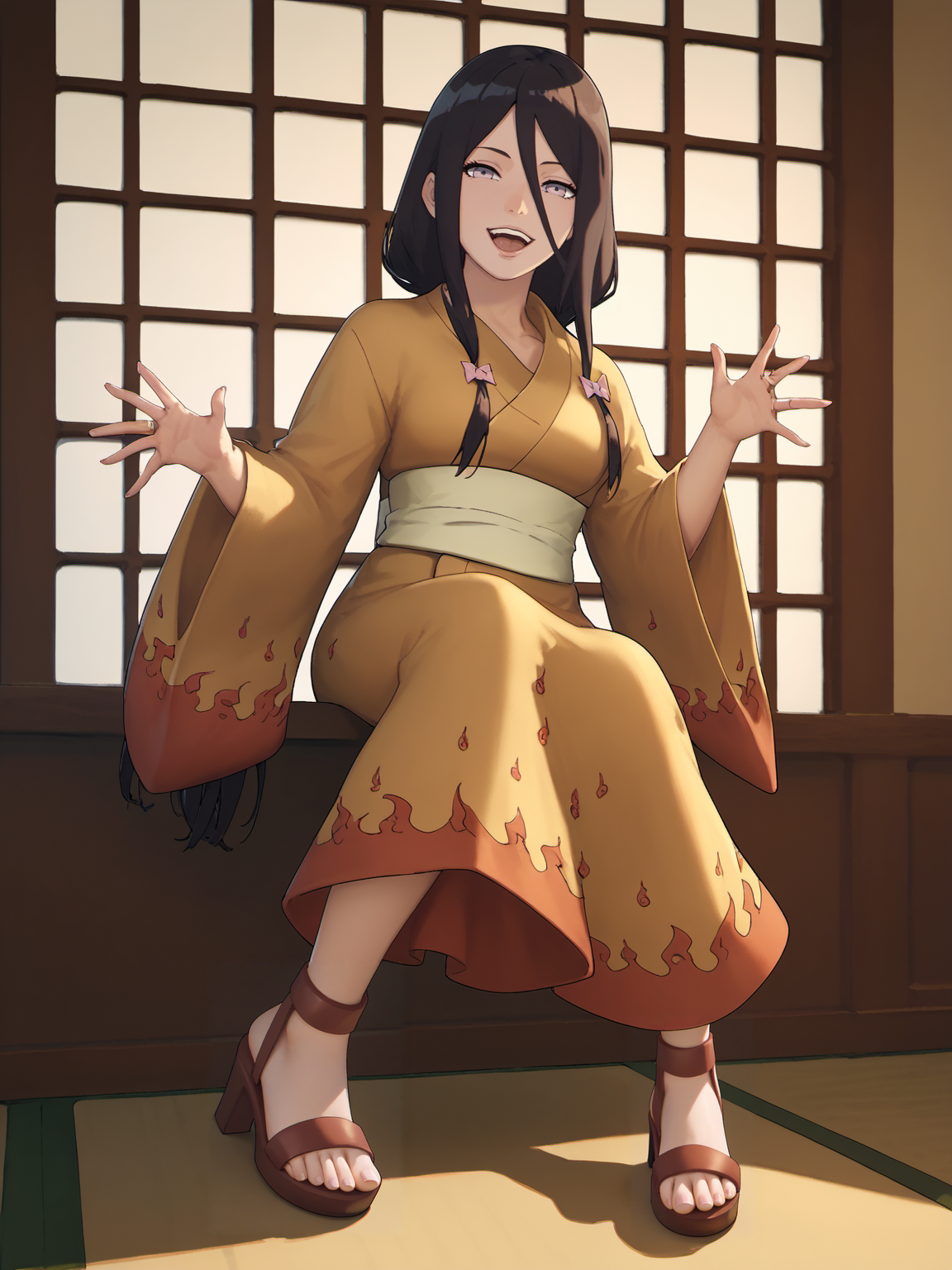 erfect Hands,Perfect feet, score_9, score_8_up, score_7_up, score_6_up,  score_anime,1girl,,<lora:hyuuga_hanabi2-000005:0.8>, hyuuga hanabi, full body, indoors, hyuuga hanabi's fire pattern kimono \(kimono\),high heels,sandals,looking at viewer,   <lora:Smooth_Anime_2_Style_SDXL_LoRA_Pony_Diffusion_V6_XL:0.8>,<lora:Perfect Hands:0.8>