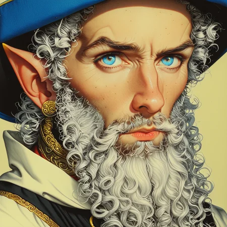 <lora:Hyperdetailed_Colored_PencilSDXL:1> ArsMJStyle, Colored pencil hyperdetailed realism, The image is a close-up portrait of a man's face. He appears to be a medieval or medieval character with a long white beard and blue eyes. He is wearing a blue hat with gold accents and a red and gold collar. His hair is styled in a curly curly manner and he has a serious expression on his face. The background is a pale yellow color and the overall style of the image is reminiscent of a painting or illustration., 1boy, male focus, facial hair, solo, beard, hat, pointy ears, blue eyes, white hair, looking at viewer