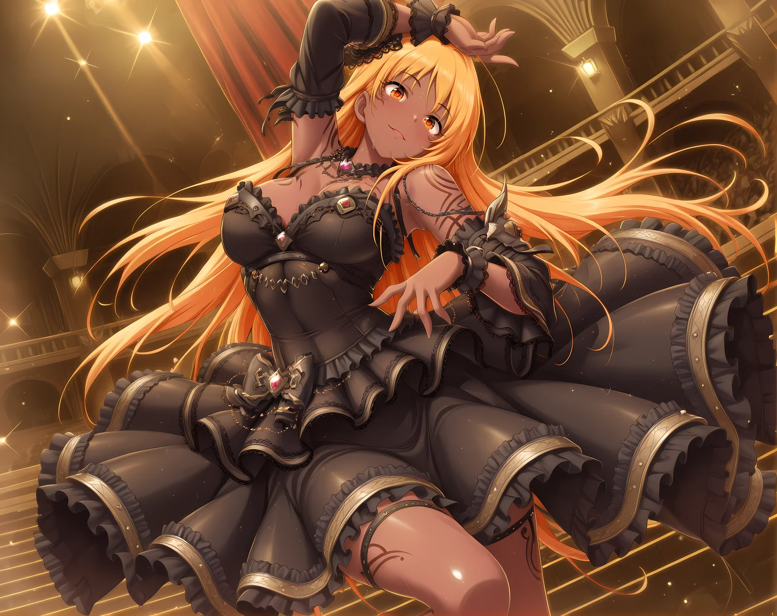<lora:AgnaGaretta:1>,agna,dark-skinned female,very long hair,orange eyes,blonde hair,tattoo,idol,idolmaster cinderella girls starlight stage,stage lights,stage curtains,dancing,frills,too many frills,impossible dress,, masterpiece,best quality,amazing quality, very aesthetic, absurdres,detailed eyes,ultra-detailed,