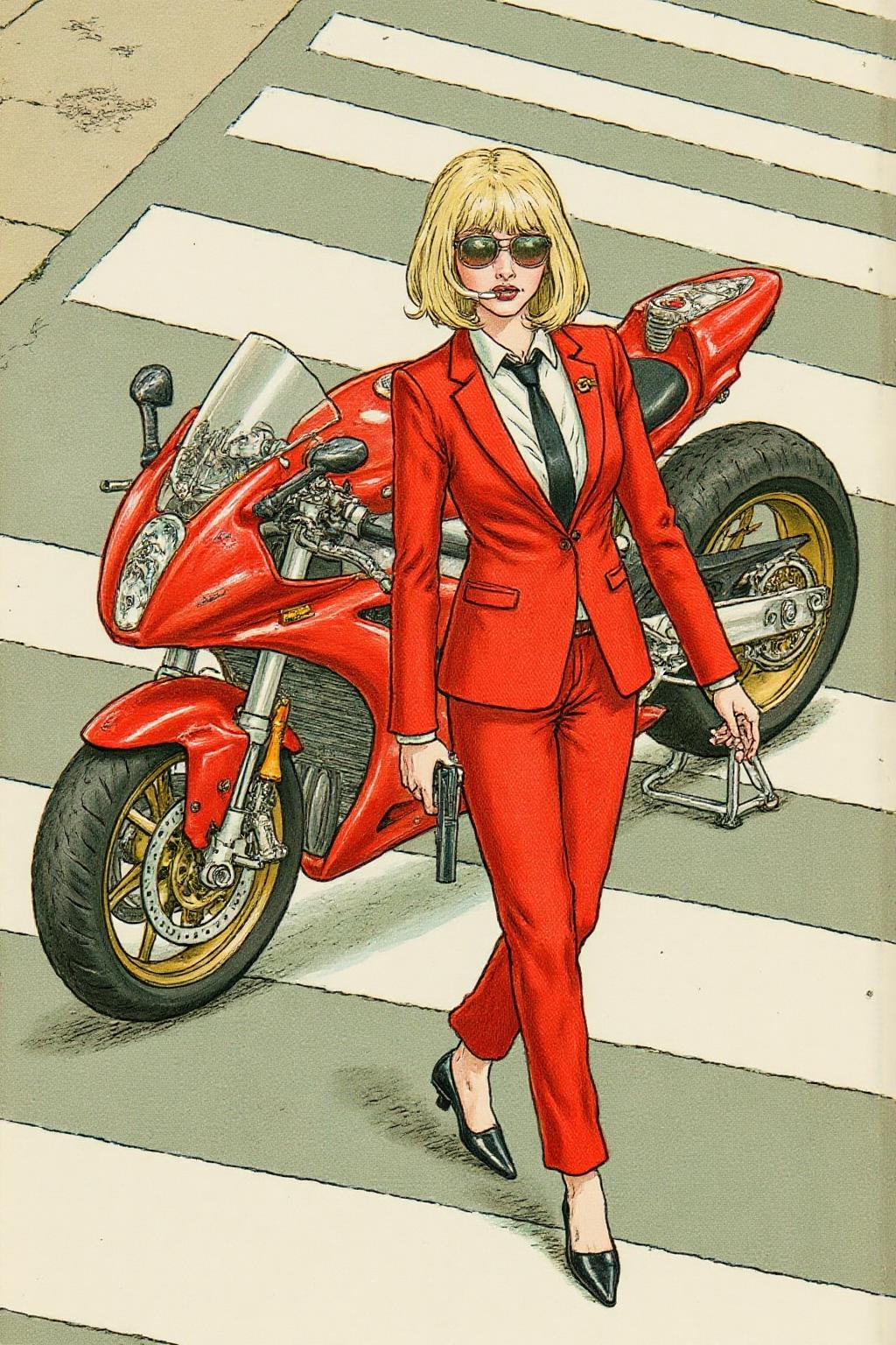 kategreenaway1 illustration. 
Overhead shot of an Blonde woman walking away from a futuristic motorcycle parked at a zebra crossing. The woman has bob hair, is smoking. She wear a red business suit, white shirt, black tie, and sunglasses. She holds a gun with a confident grip. The motorcycle itself is red, sleek and metallic, with intricate designs and a futuristic vibe  <lora:kategreenaway1_f16e6:1.0><lora:870958543644142801:0>