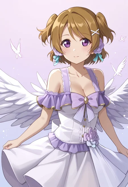 koizumi hanayo, whiteday, two side up, short hair, purple eyes, yellow brown hair, white dress, bare shoulders, cleavage, angel wings, flower, ribbon, bow, 1girl, solo, score_9, source_anime