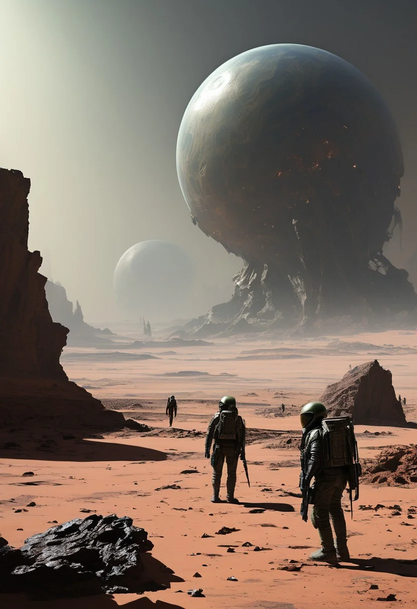 stranded super soldiers, alien planet, concept art, realistic, DOOMHAZER