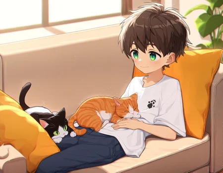 masterpiece, best quality, good quality, koemixpi-style, indoors, living room, on couch, 1boy, solo, young, brown hair, green eyes, smile, t-shirt, pants, lying, cat, eye contact, depth of field <lora:koe-mixpi_naiXL_v3b_ShoAI:1>