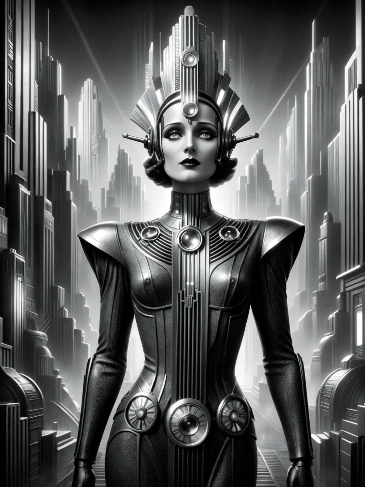 android, futuristic, stylized, art deco, expressionist, 1920s, black and white <lora:Metropolis_Movie_Style_SDXL:0.8> mad-ropolis-movie, (masterpiece:1.2), best quality, (hyperdetailed, highest detailed:1.2), high resolution textures